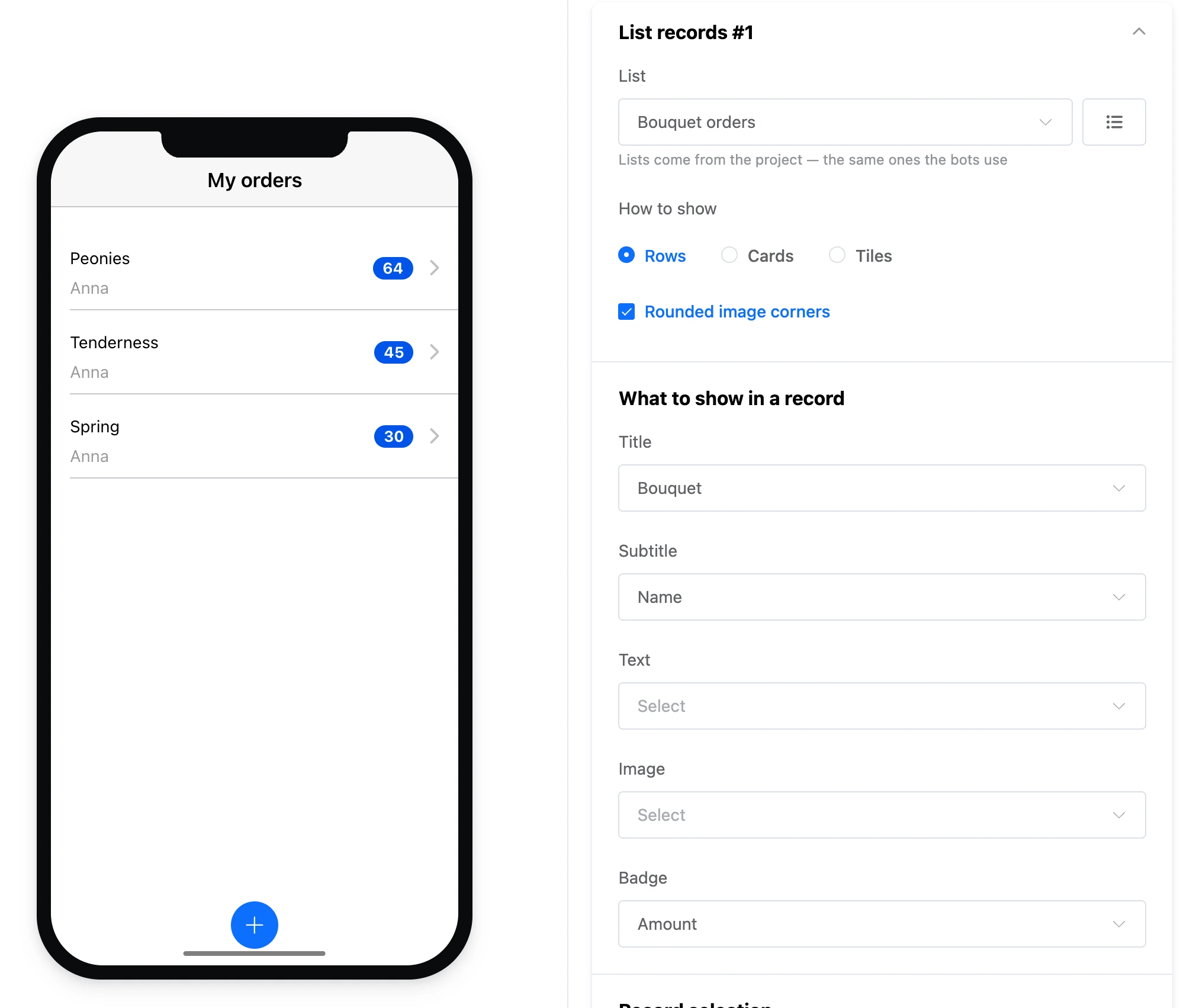 List records element: what to show, filtering and sorting