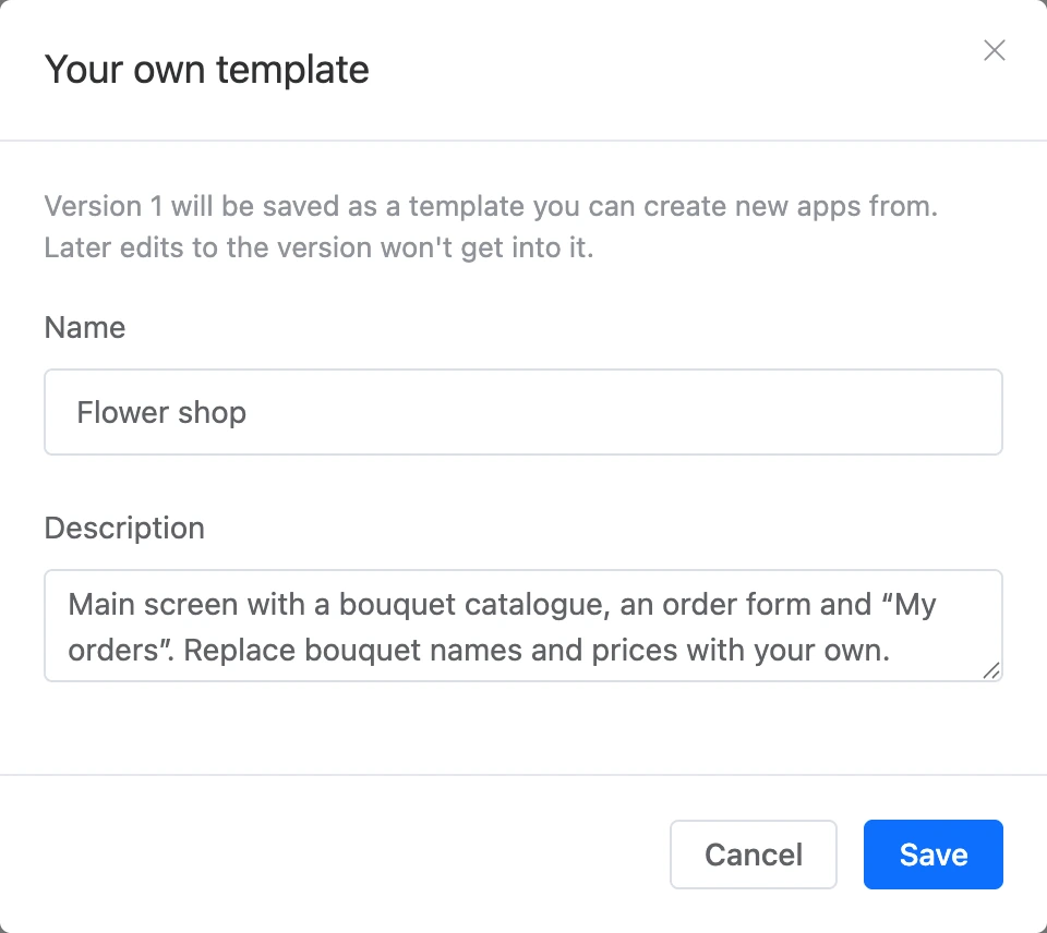 The “Your template” window: name and description