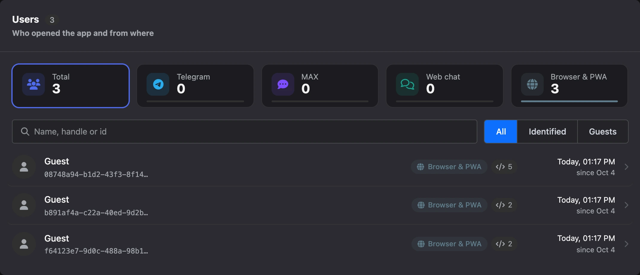 The Users section: source cards and the list