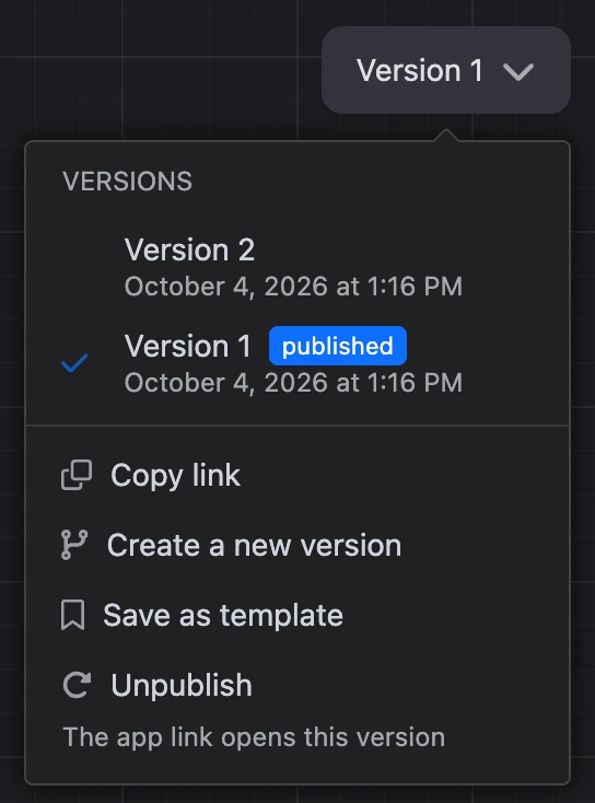 Versions menu: the published version and a new one