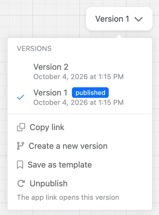 Versions menu: the published version and a new one