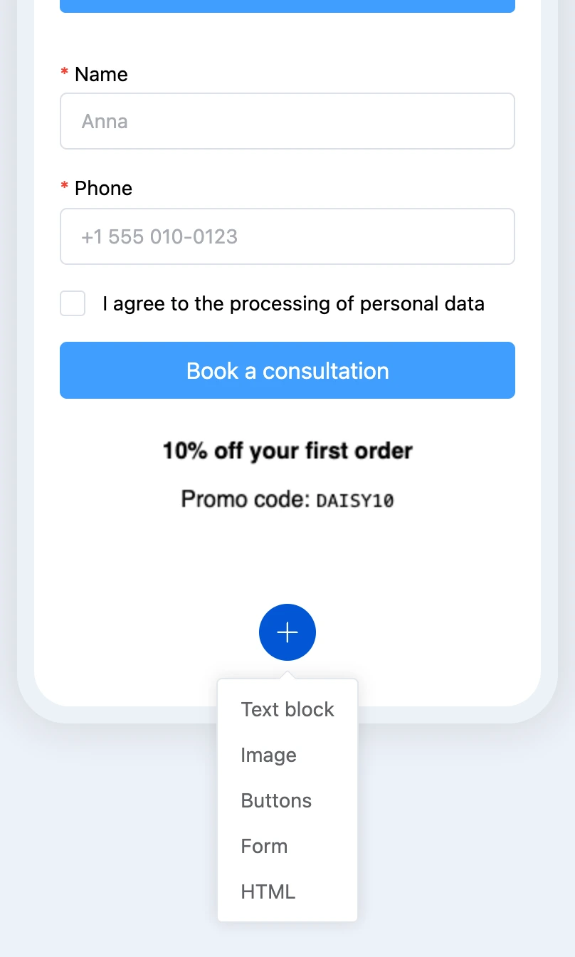 The “+” menu: block types
