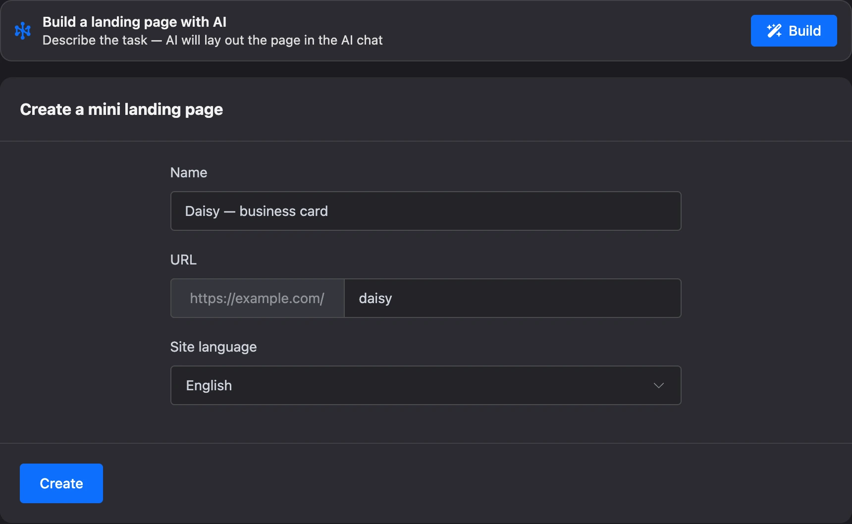 The "Create mini landing" form with the "Build a landing page with AI" block