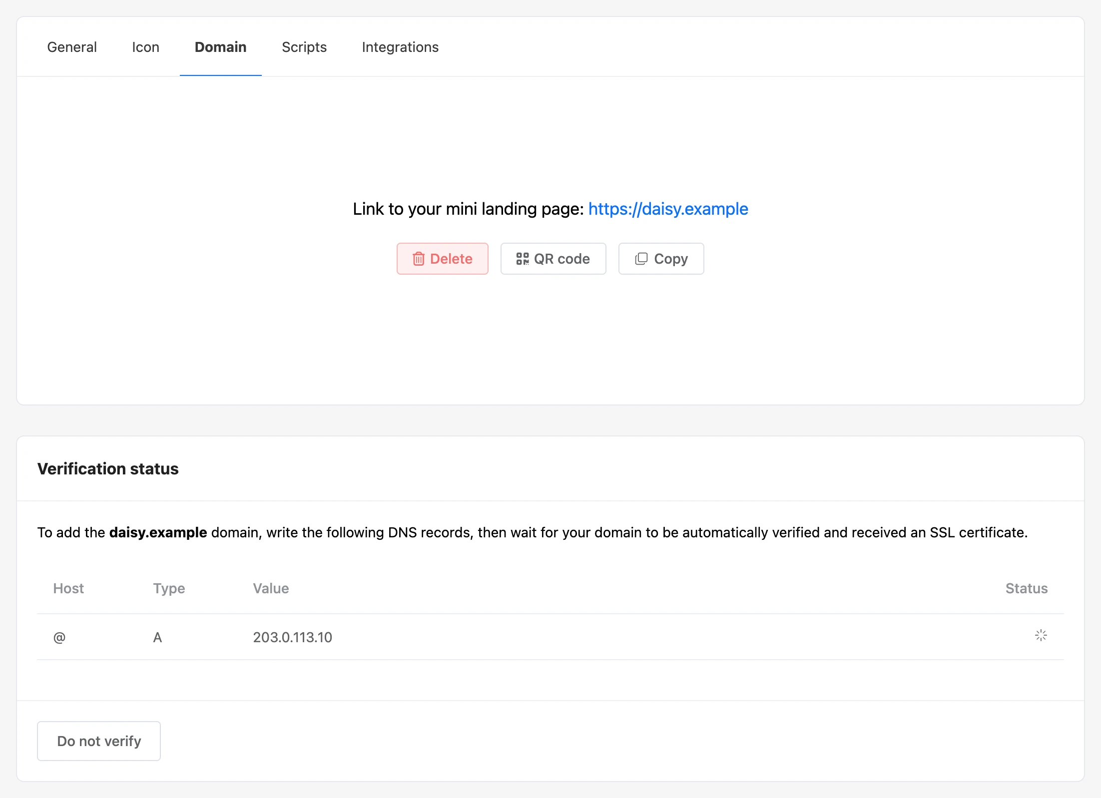 Domain added: verification status and the DNS record
