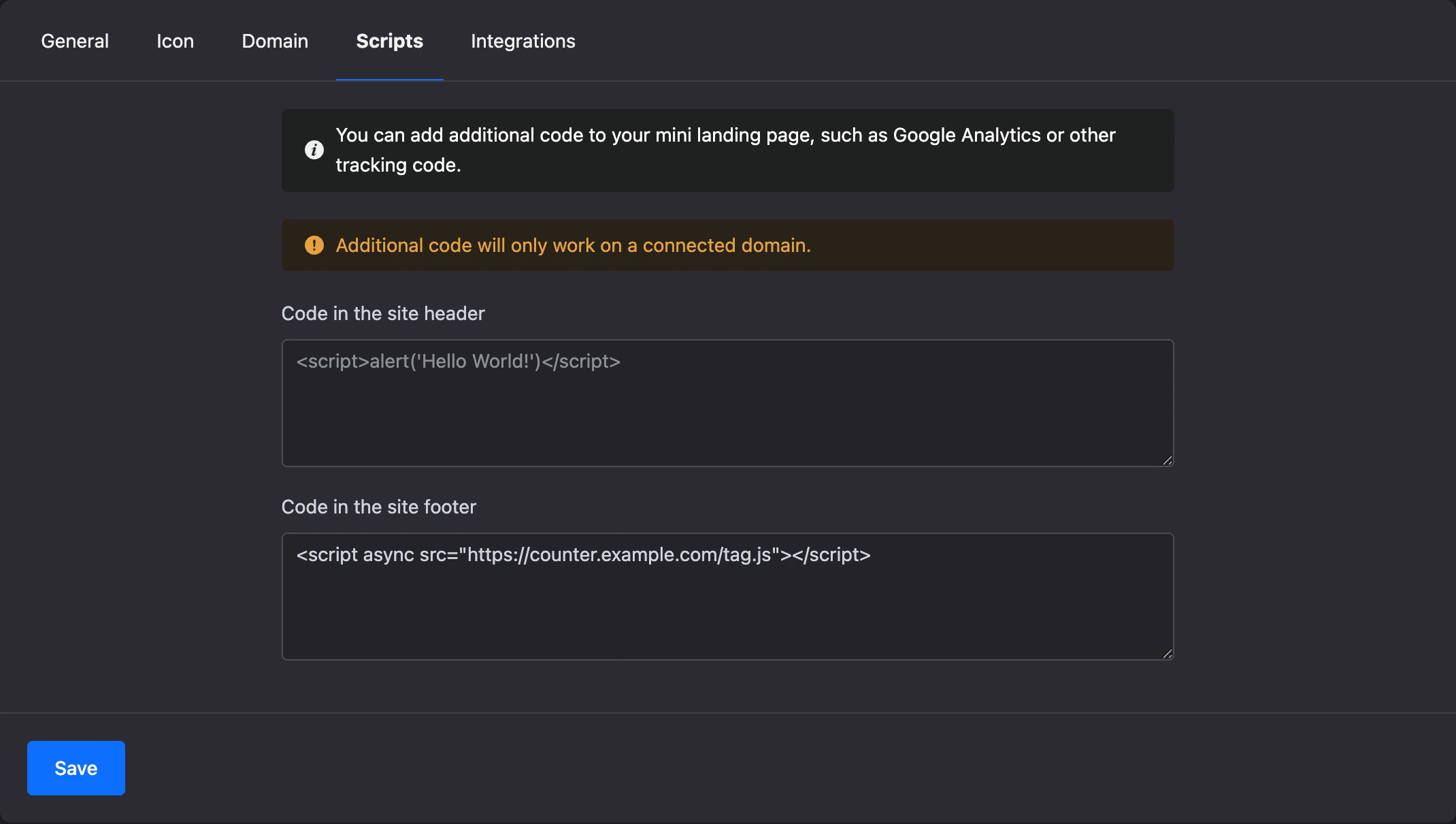 The Scripts tab: a counter code in the footer