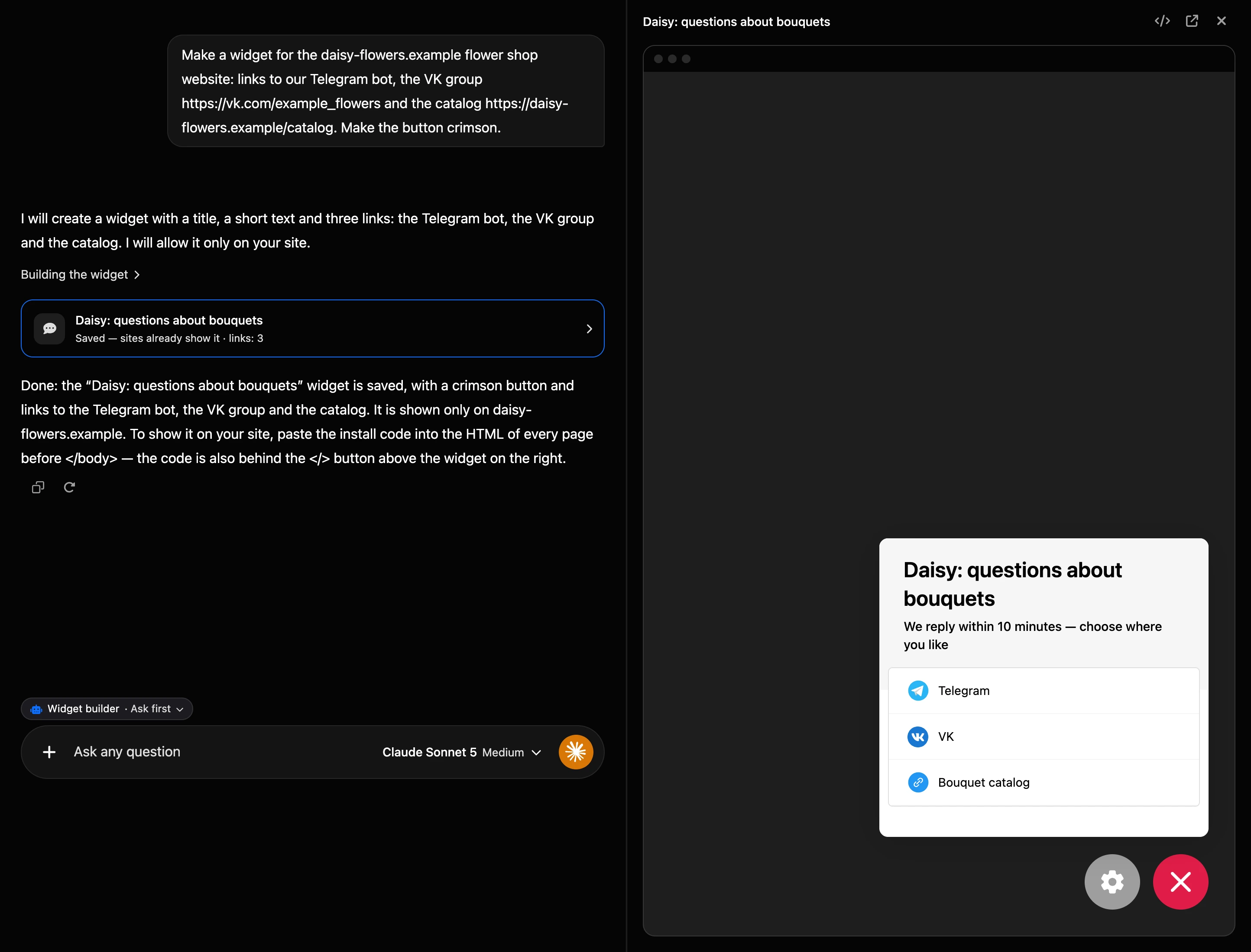 Building in the AI chat: the widget card in the conversation and the live widget on the right