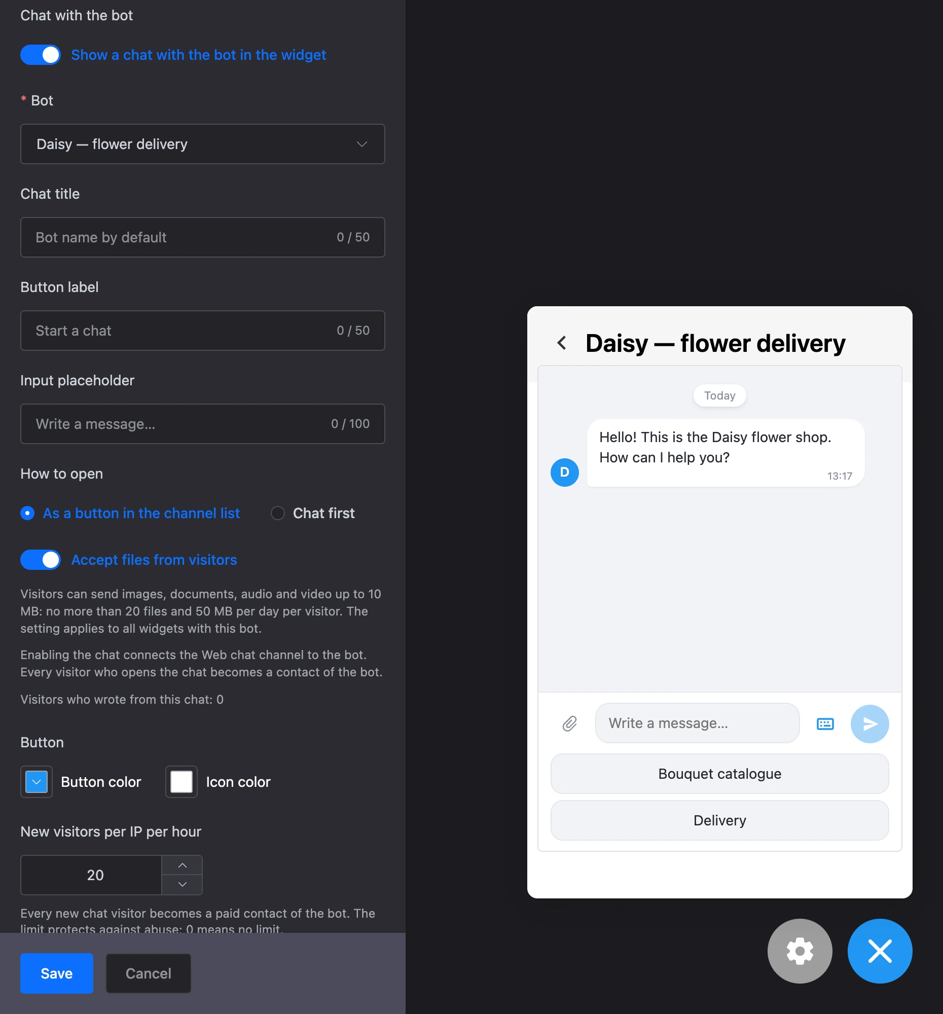 Chat settings and an open conversation with the bot in the widget