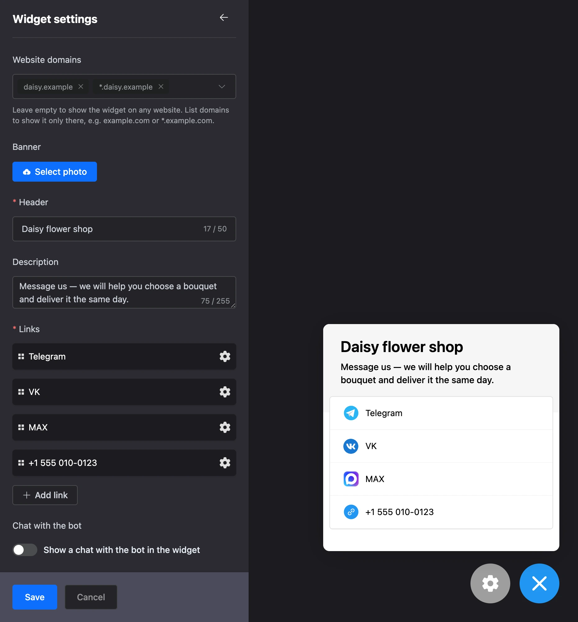 The "Widget settings" panel next to the widget