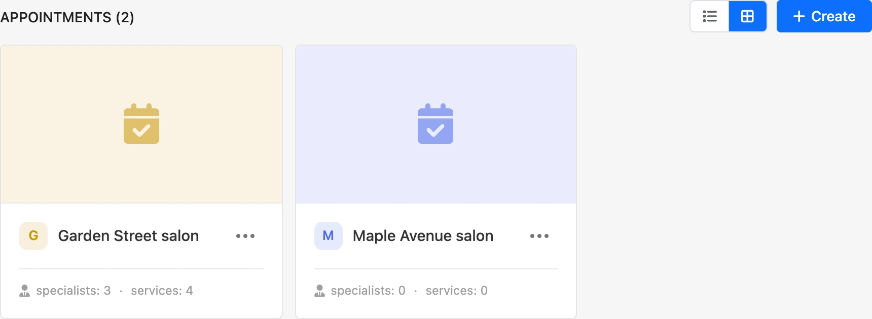 List of branches as cards