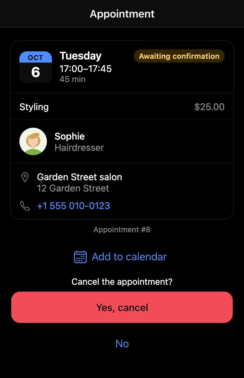 Appointment card: the app asks again before cancelling