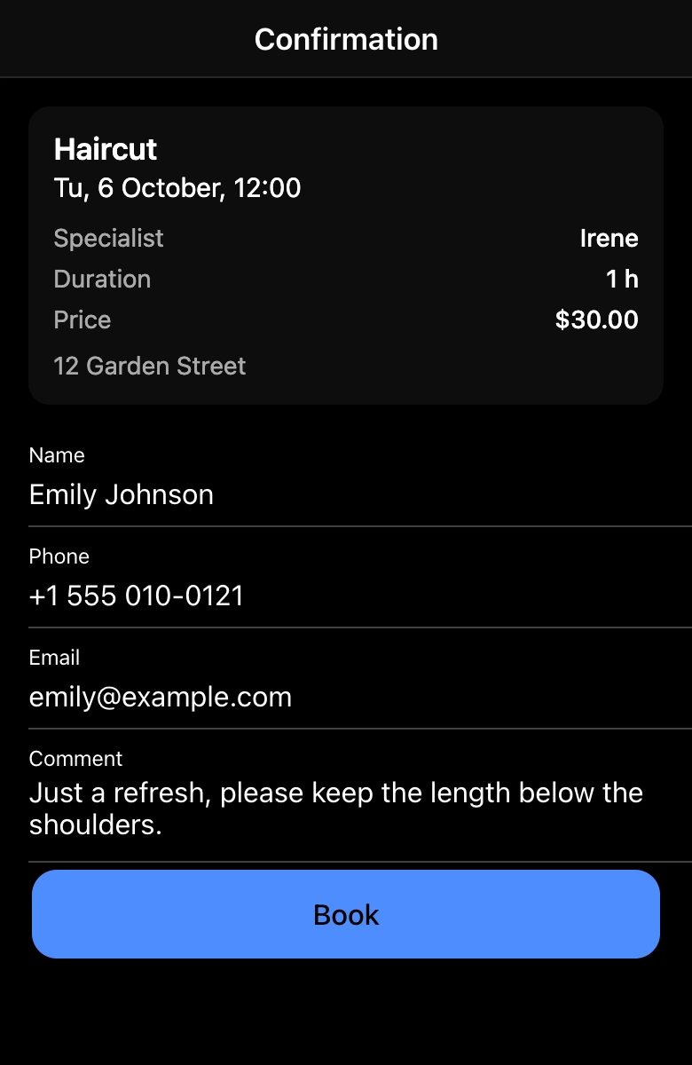 Booking checkout in the mini app: name, phone, email and comment