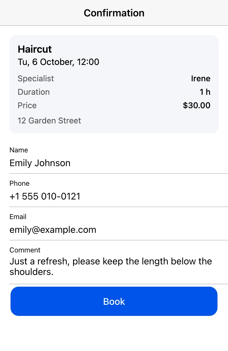 Booking checkout in the mini app: name, phone, email and comment