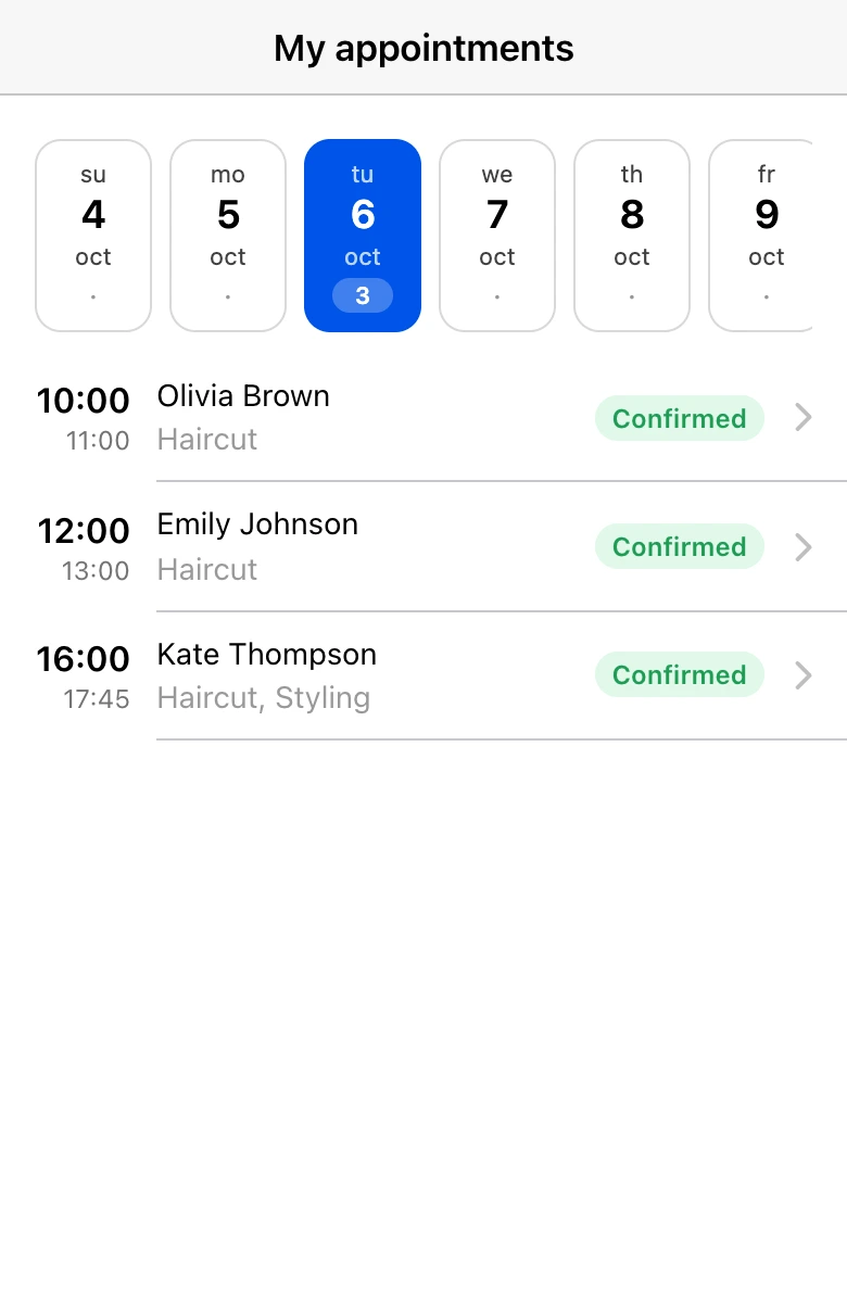 A specialist’s appointments for the day in the mini app