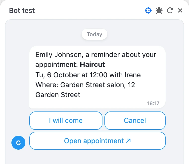 Appointment reminder with the "Open appointment" button