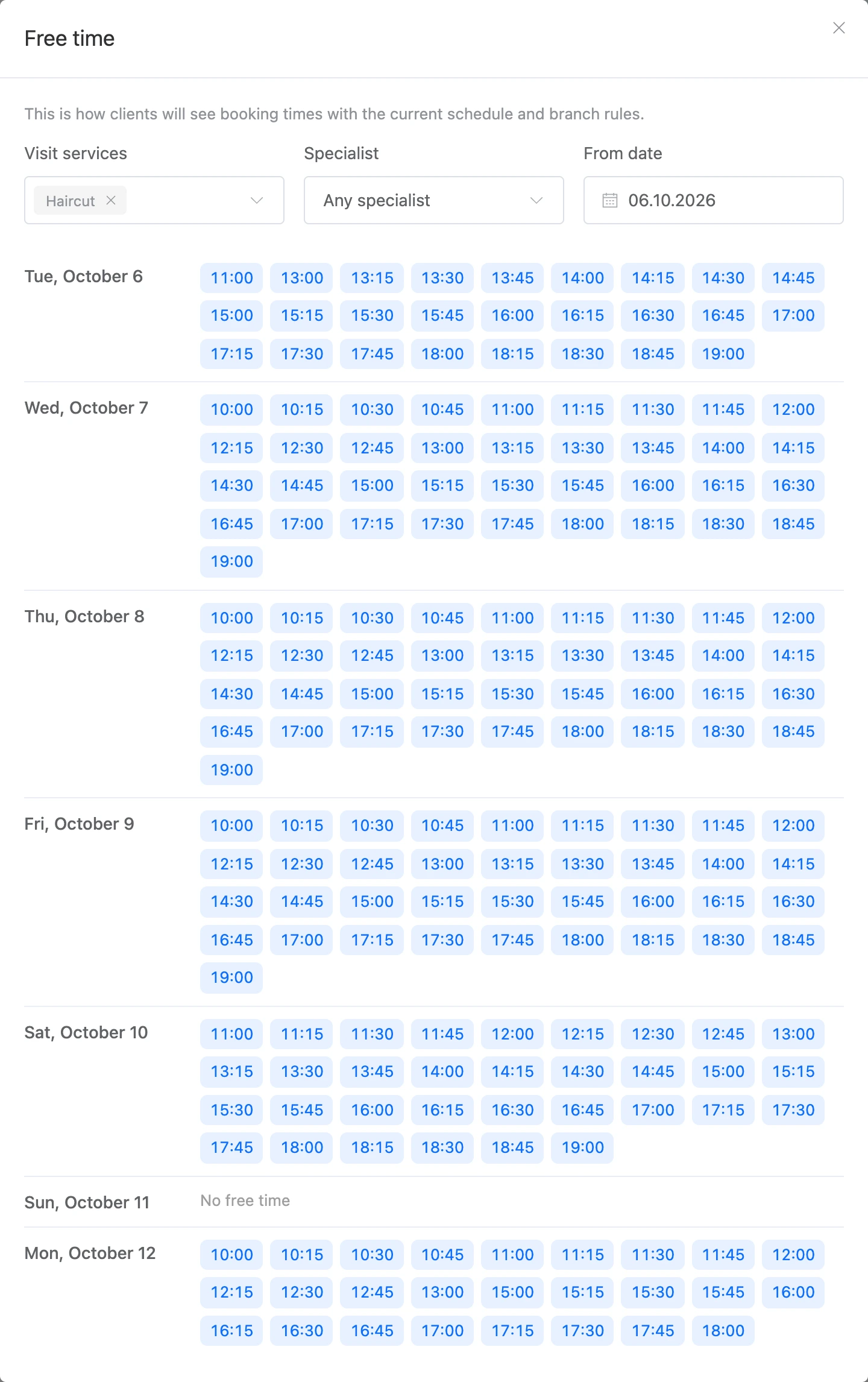 The "Free time" window in the schedule