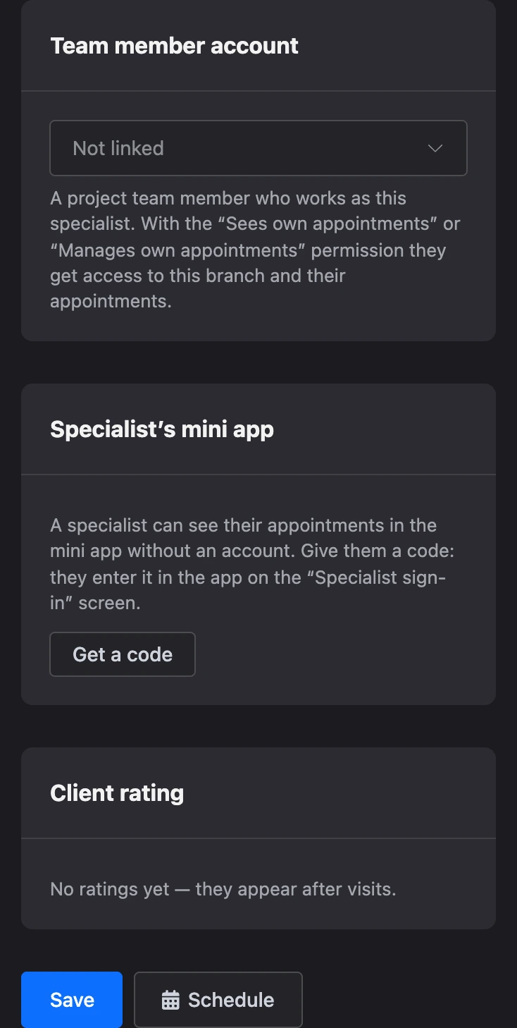 "Team member account" and "Specialist’s mini app" blocks in the specialist card