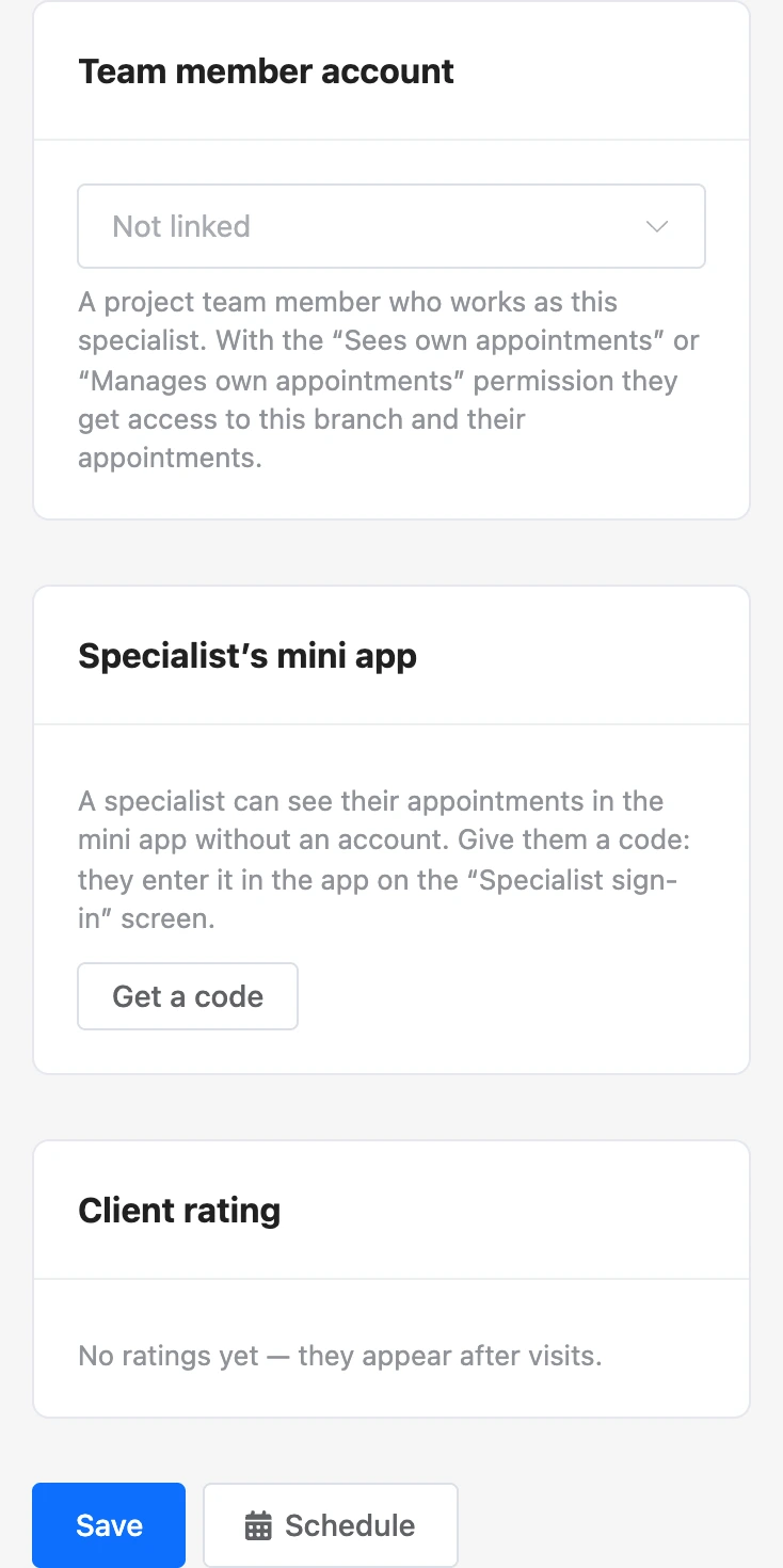 "Team member account" and "Specialist’s mini app" blocks in the specialist card