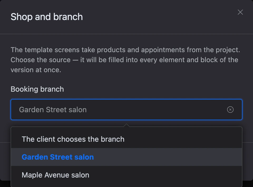 The "Shop and branch" window: choosing the booking branch