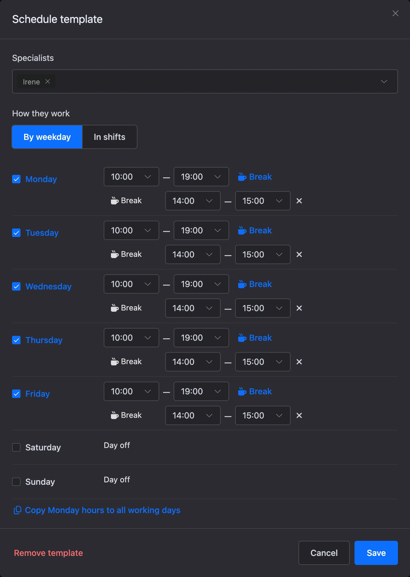 Schedule template window