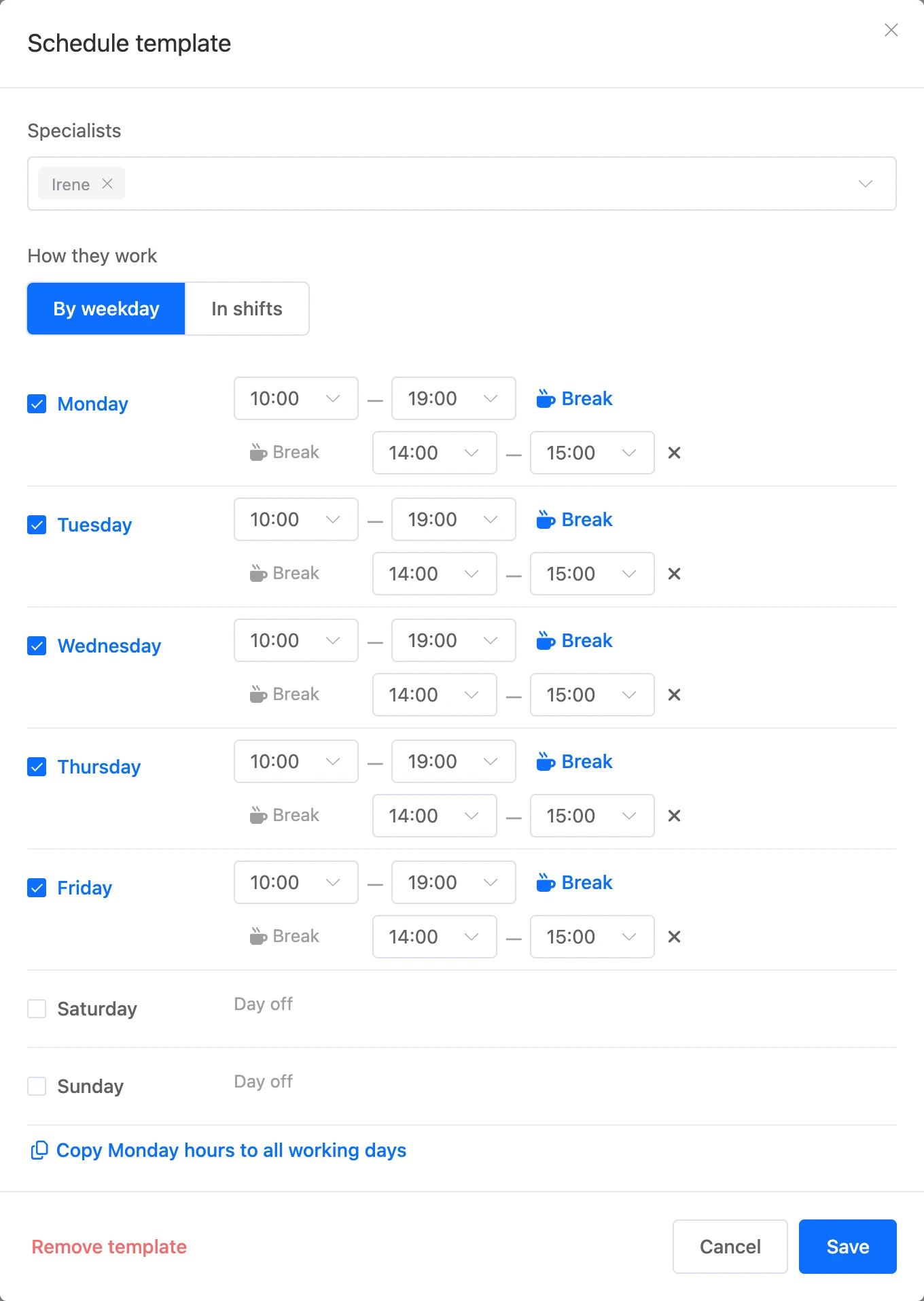 Schedule template window