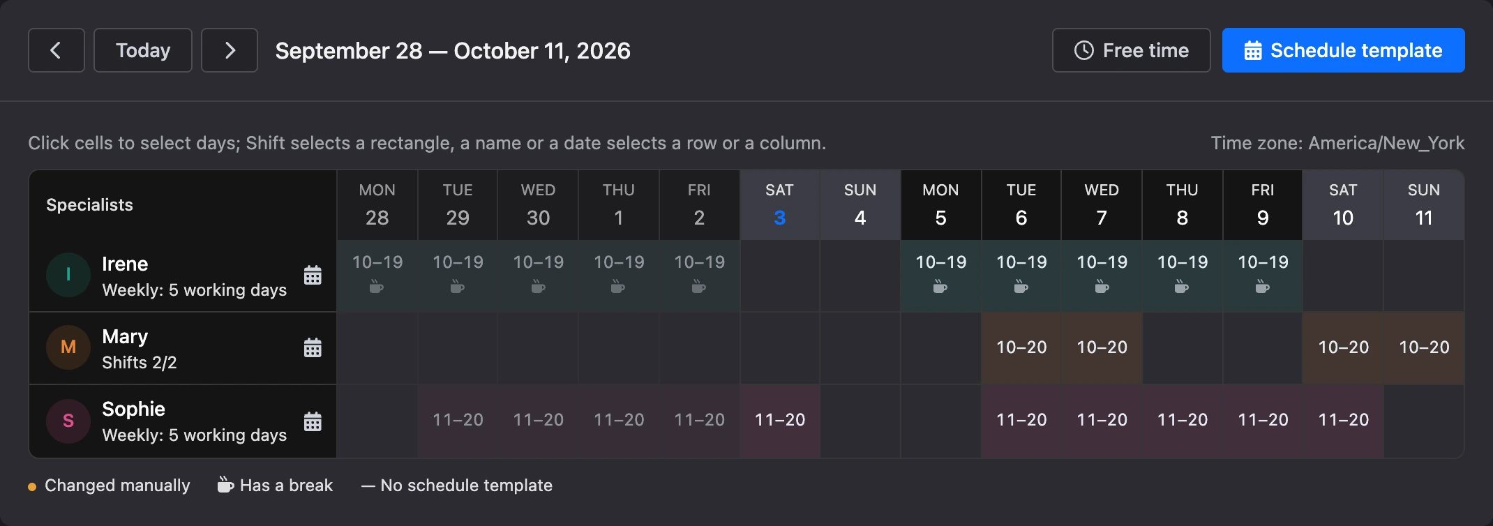 Staff schedule table