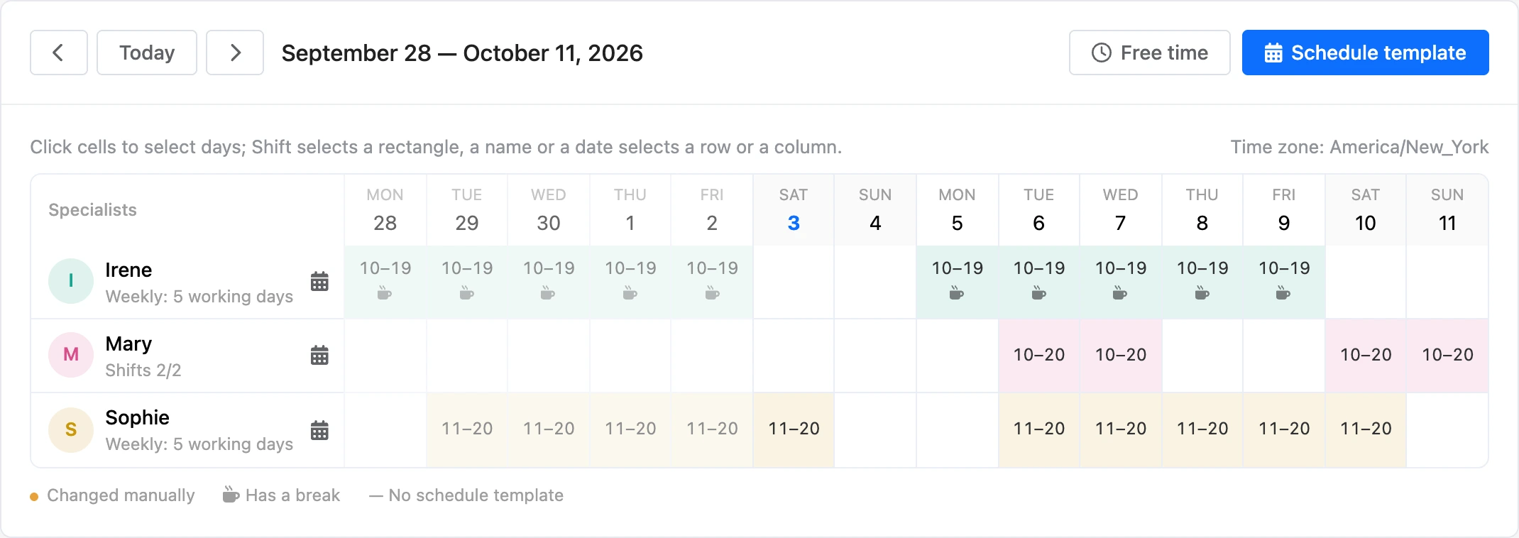 Staff schedule table