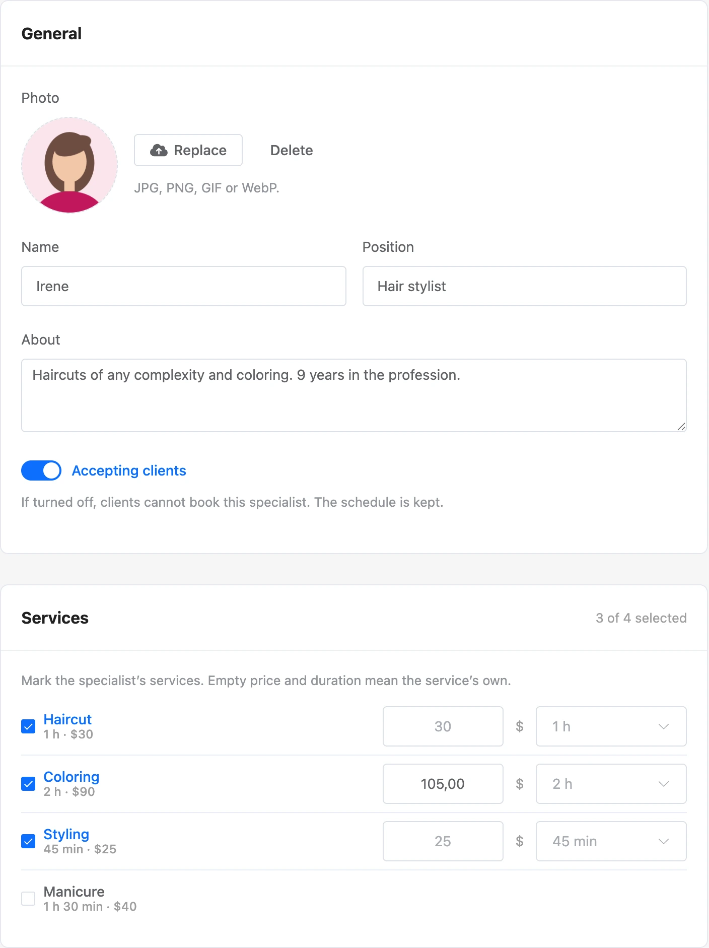 Specialist card: general details and services with an own price