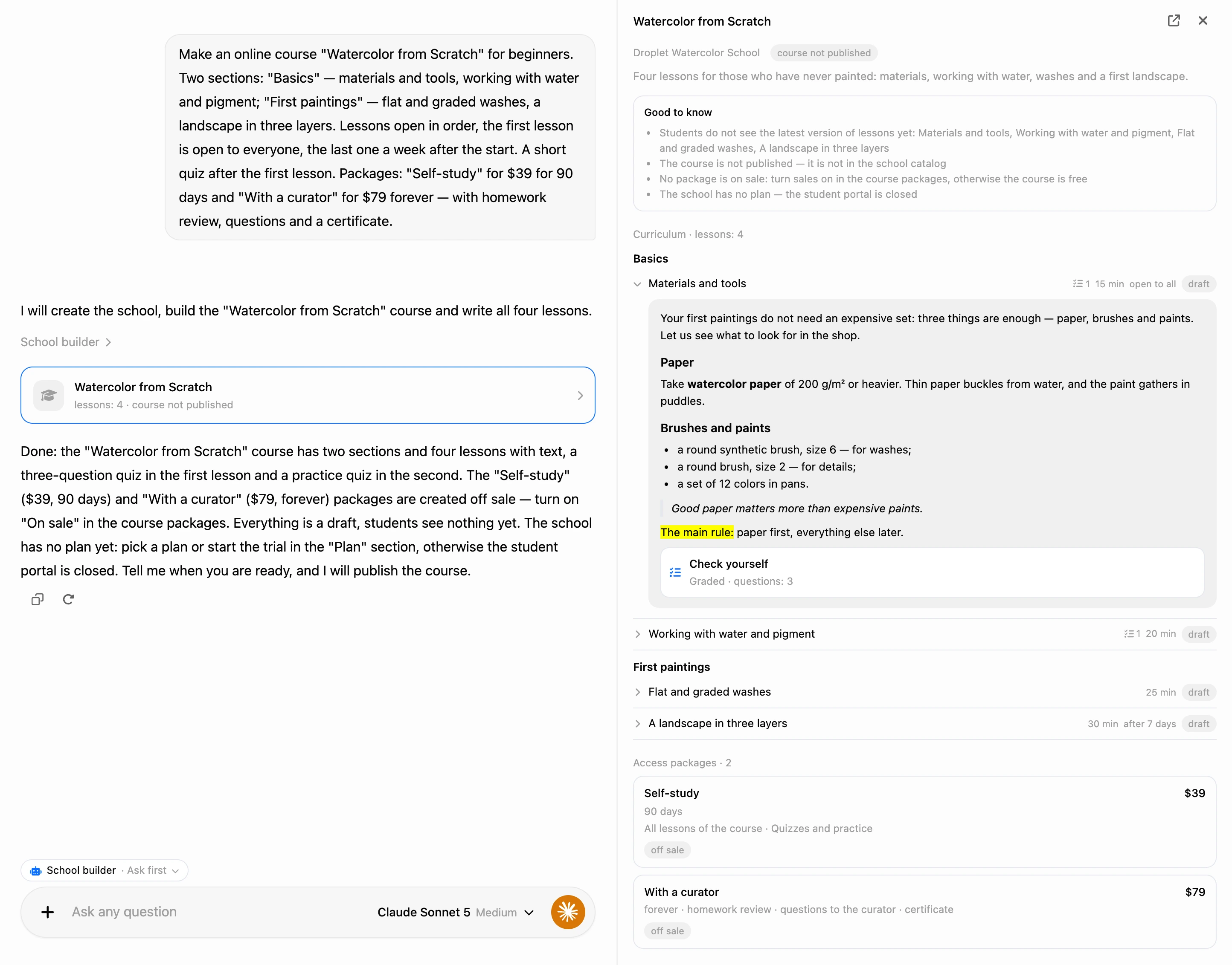 Building in the AI chat: the course card in the conversation and the course on the right with an open lesson
