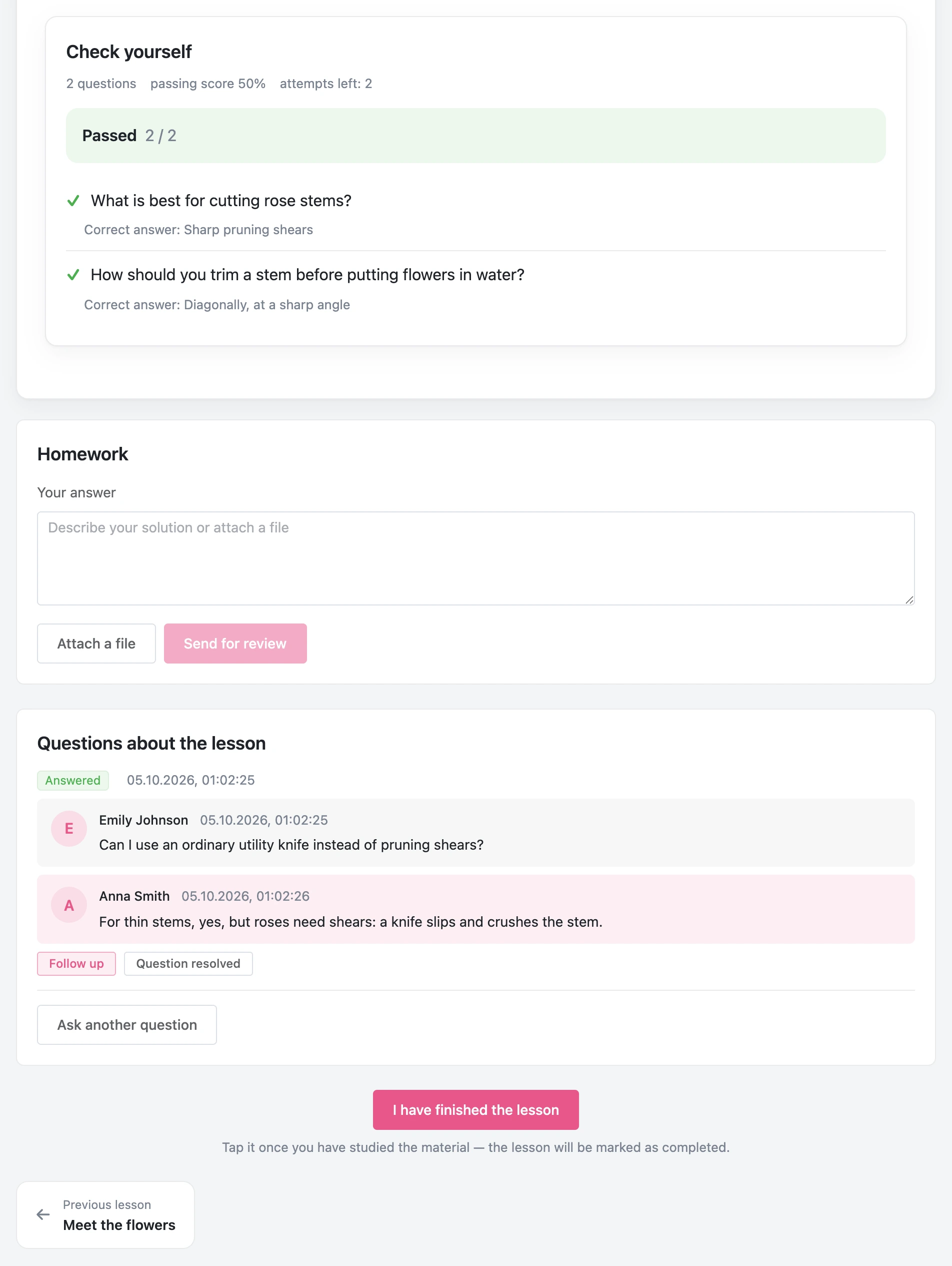 Quiz with result and answer review, homework, lesson questions and the "I have completed the lesson" button