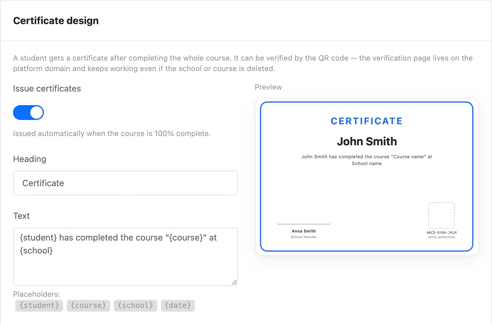 Certificate design and preview
