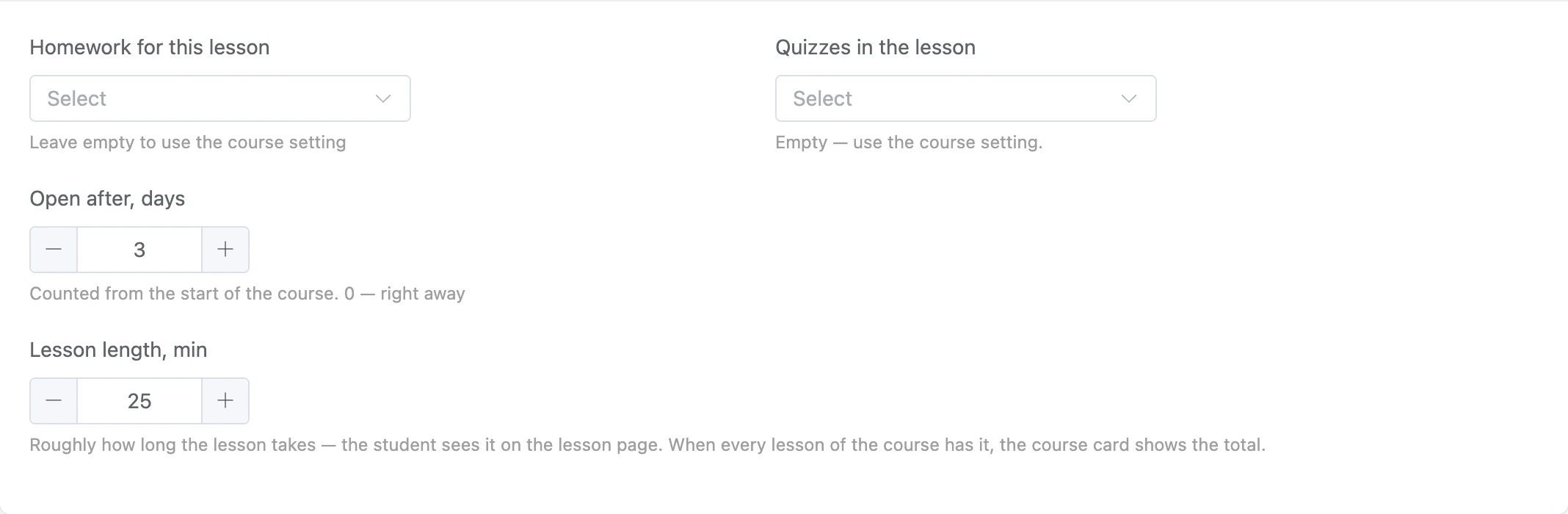 Lesson settings below the content