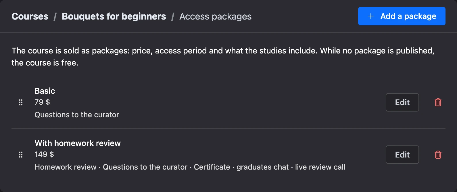 Access packages of a course