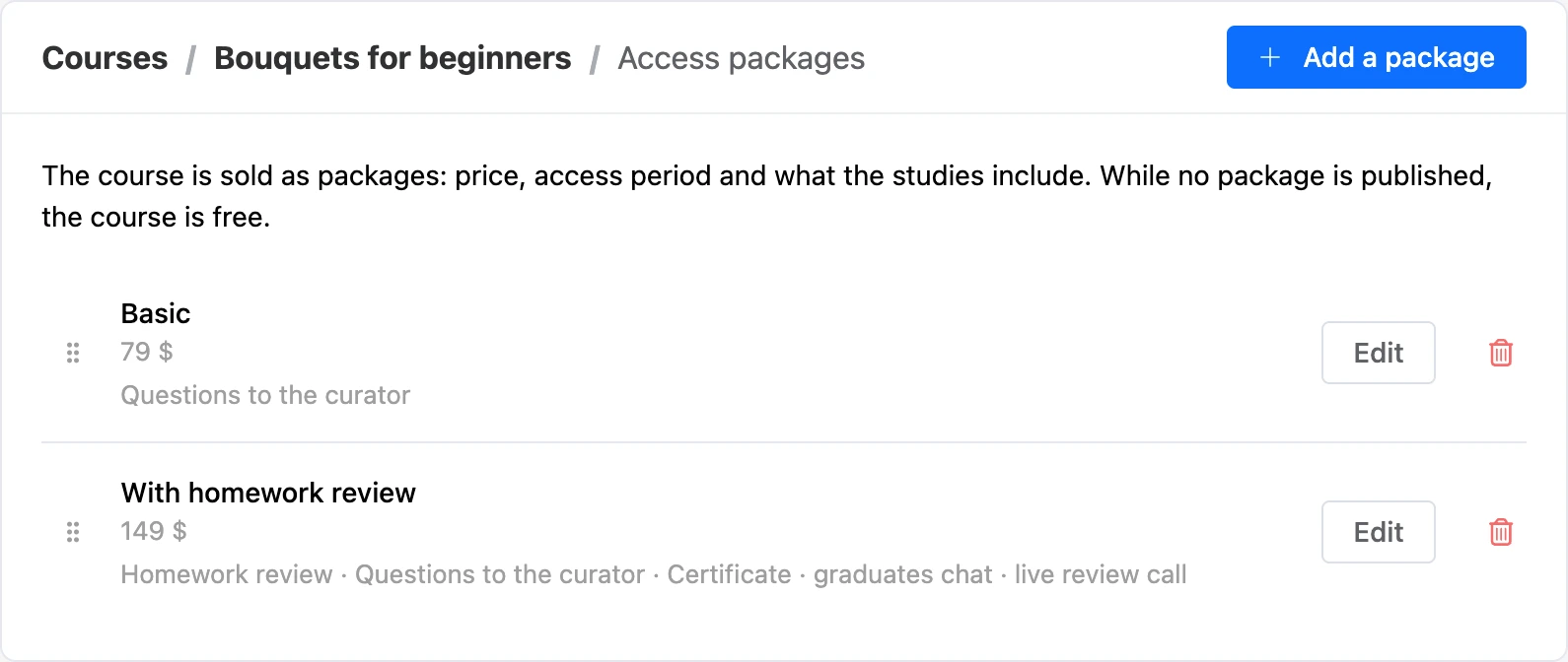 Access packages of a course