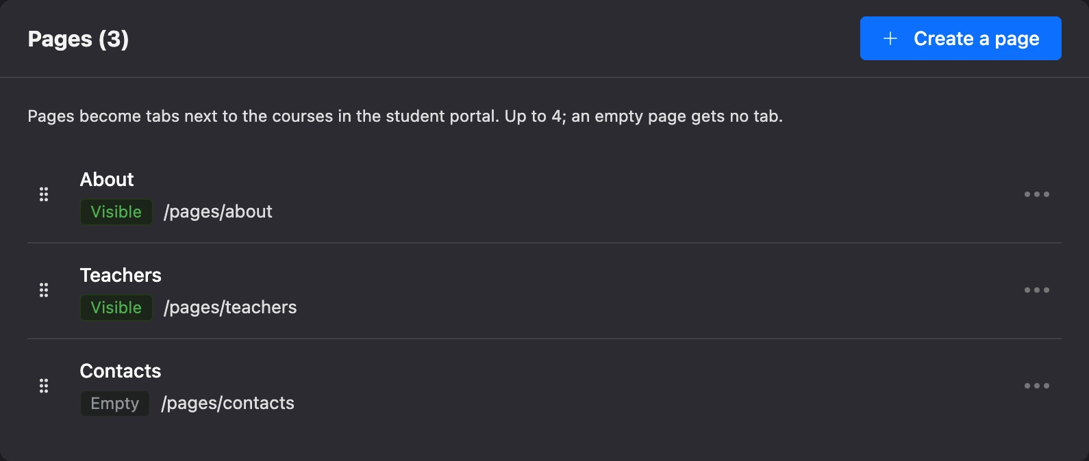 The Pages subsection with the school’s pages