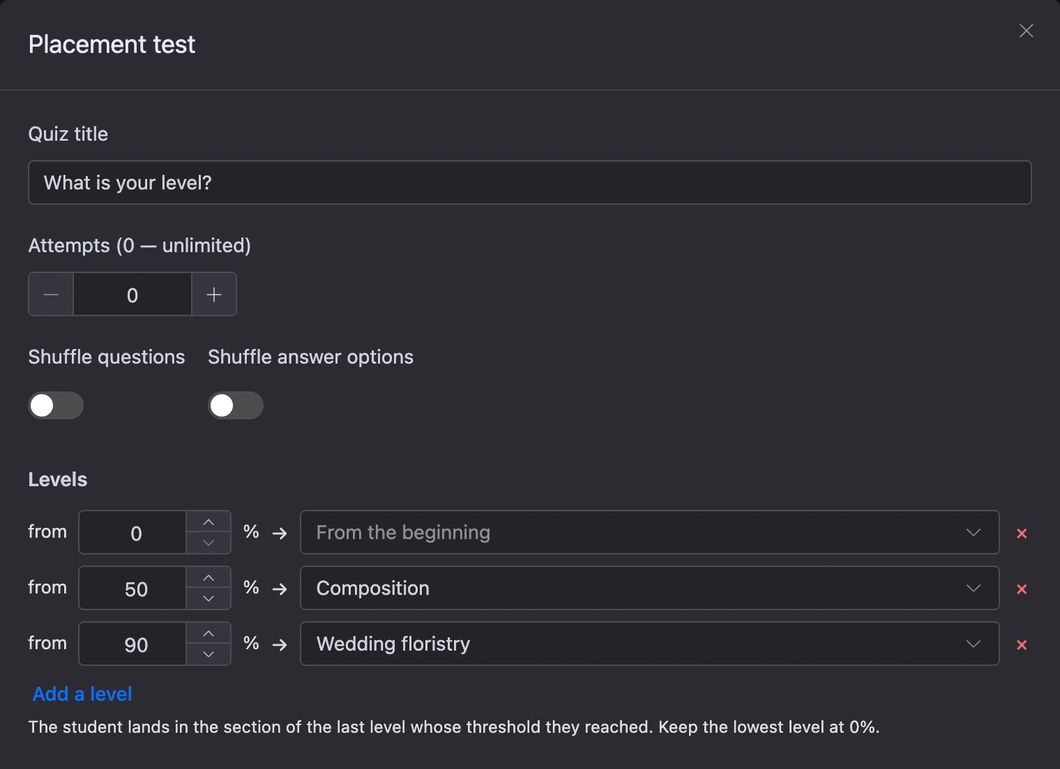 Placement test: settings and levels