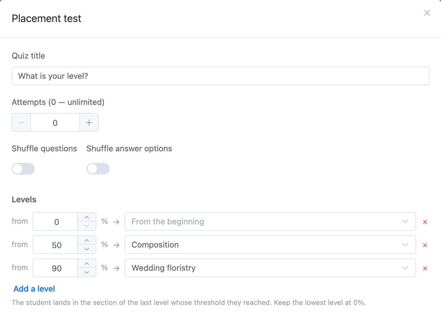 Placement test: settings and levels
