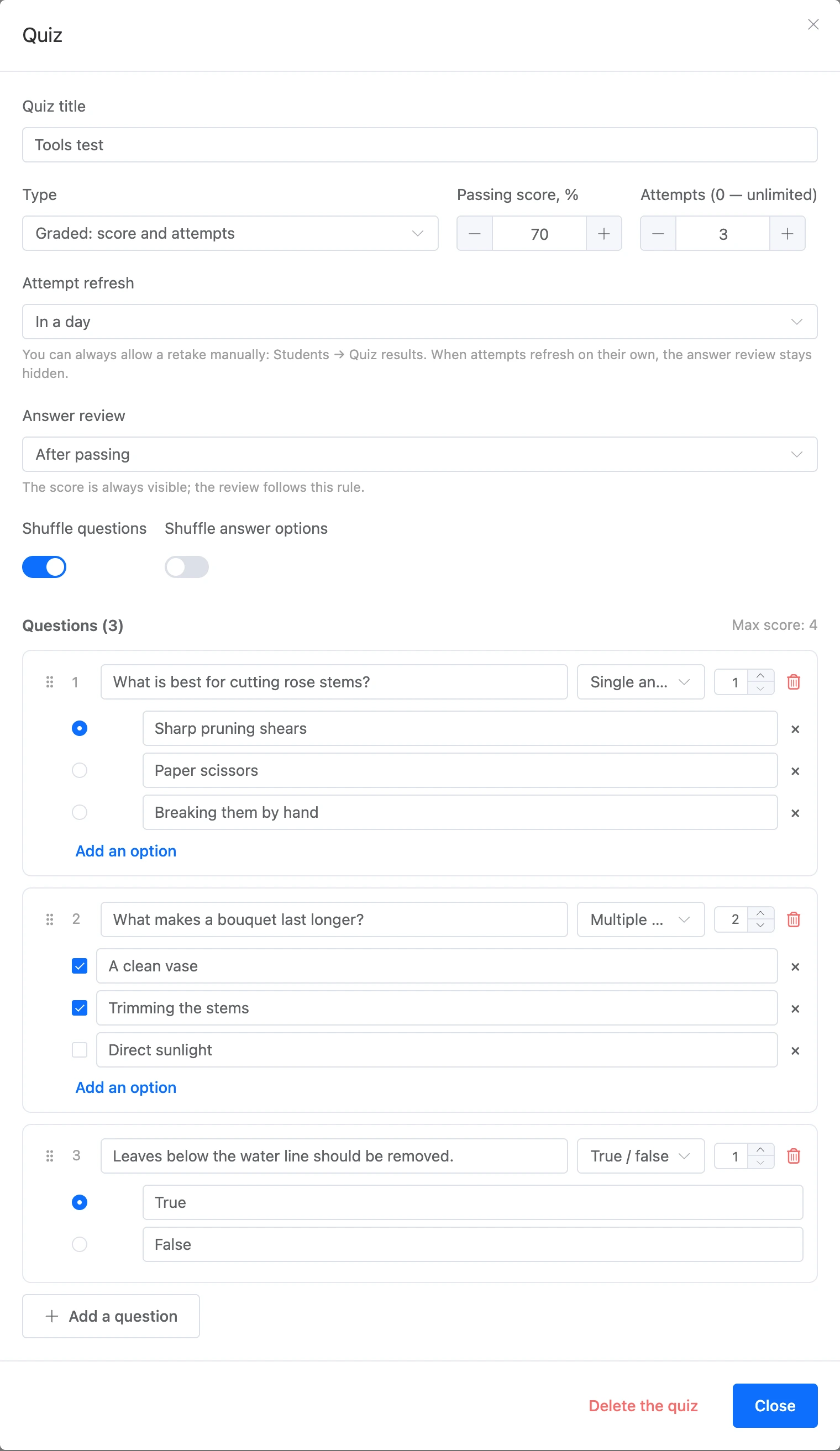 The Quiz window: test settings and questions
