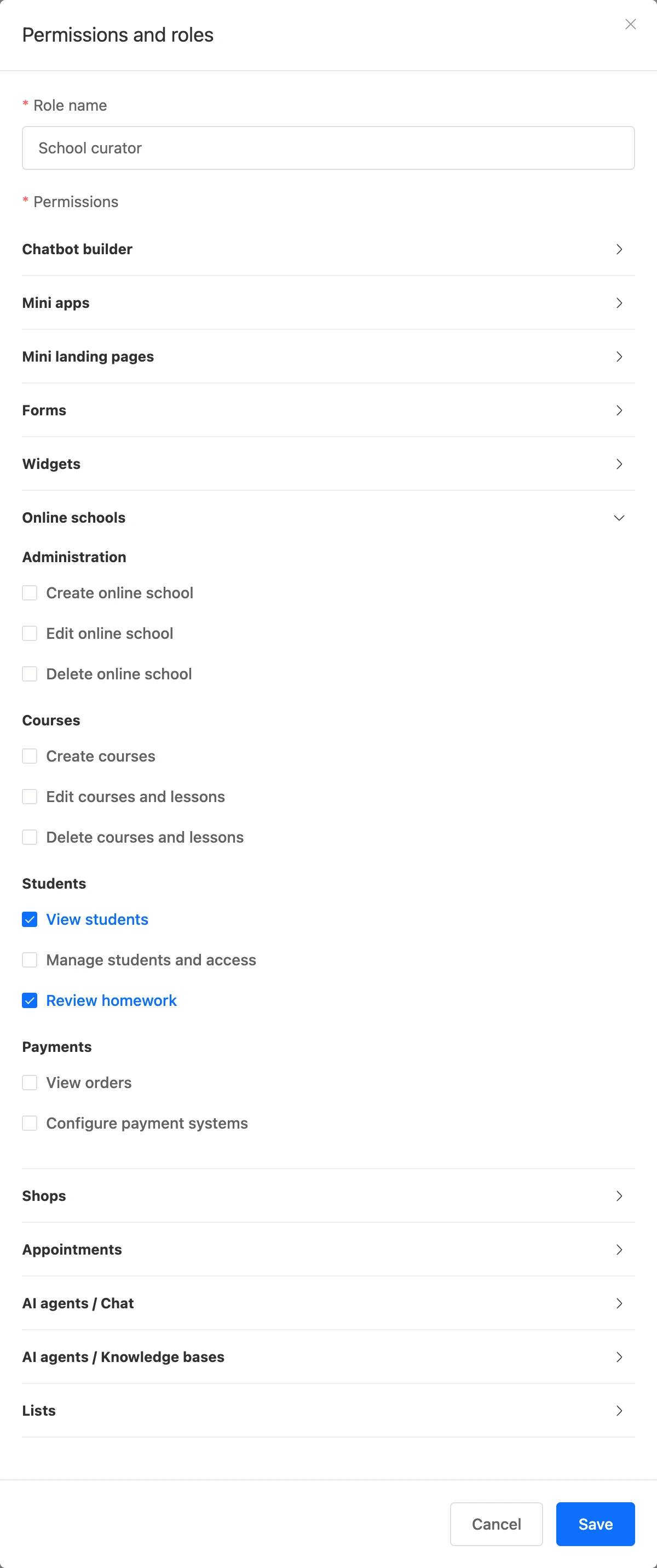 Online school permissions in the role window