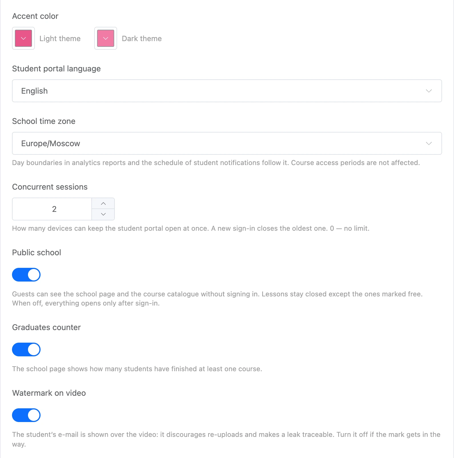 Portal design, language, time zone and switches