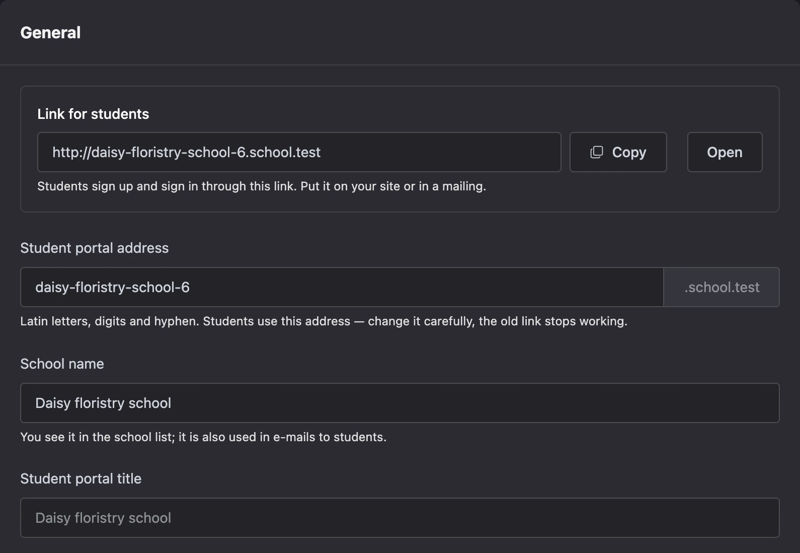 The student link and the first fields of the school’s main settings