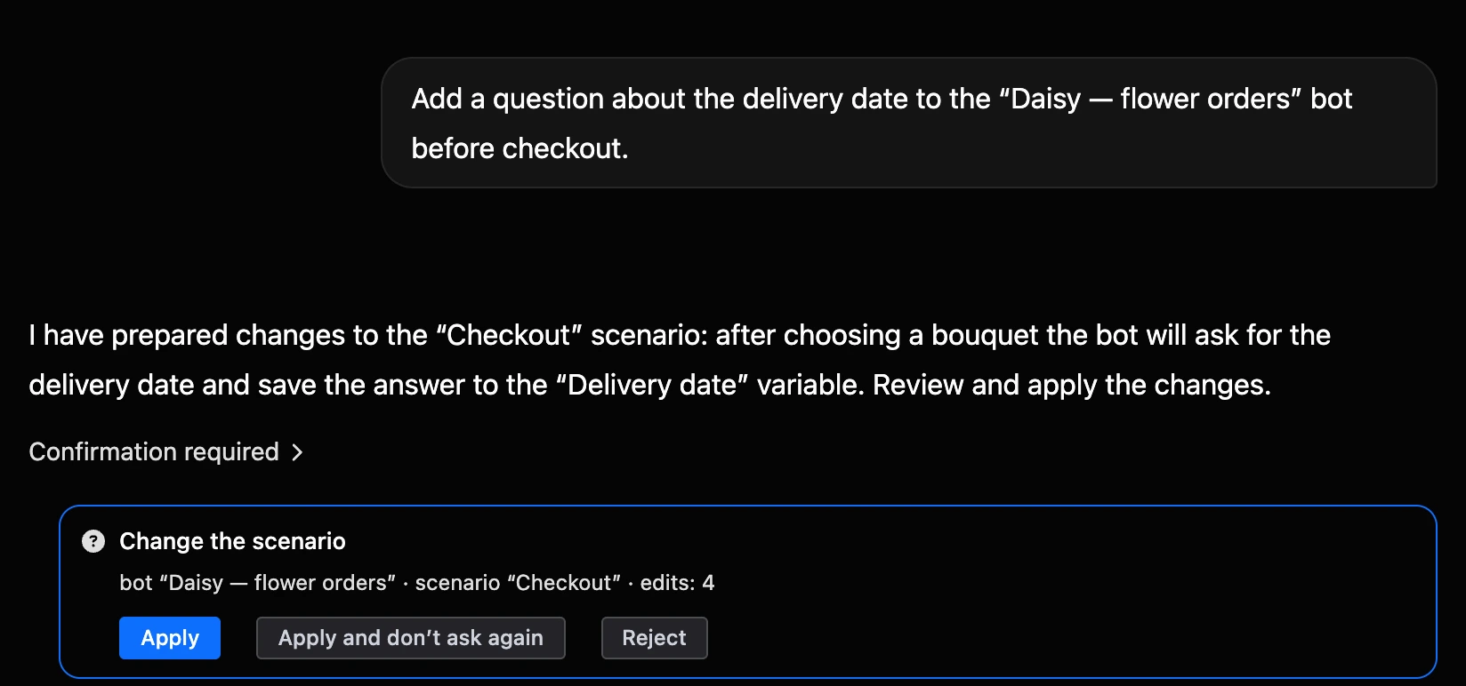 The change confirmation card in the AI chat