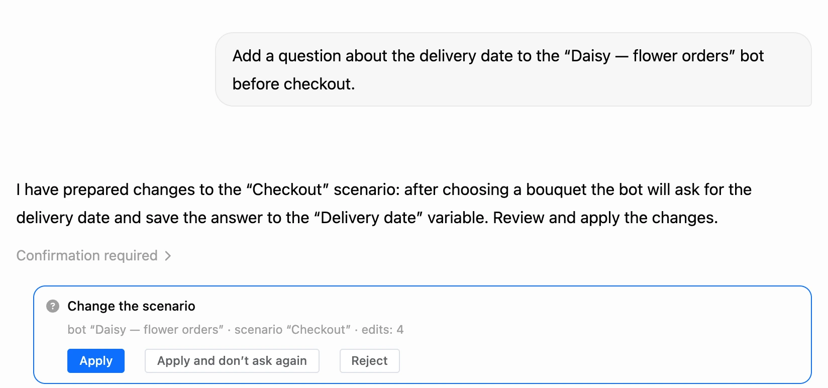 The change confirmation card in the AI chat