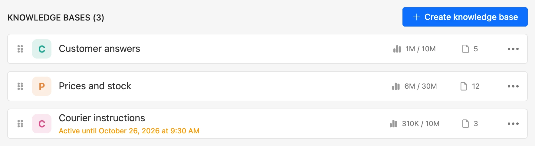 The project’s knowledge base list