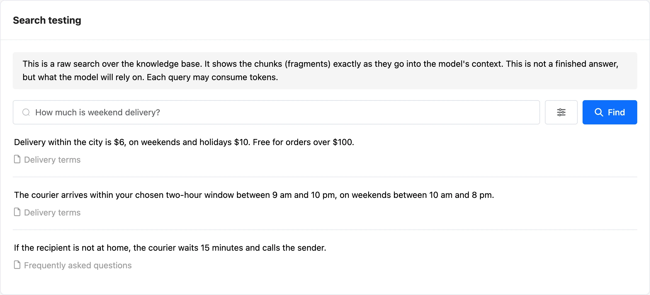 The Search testing page with found fragments