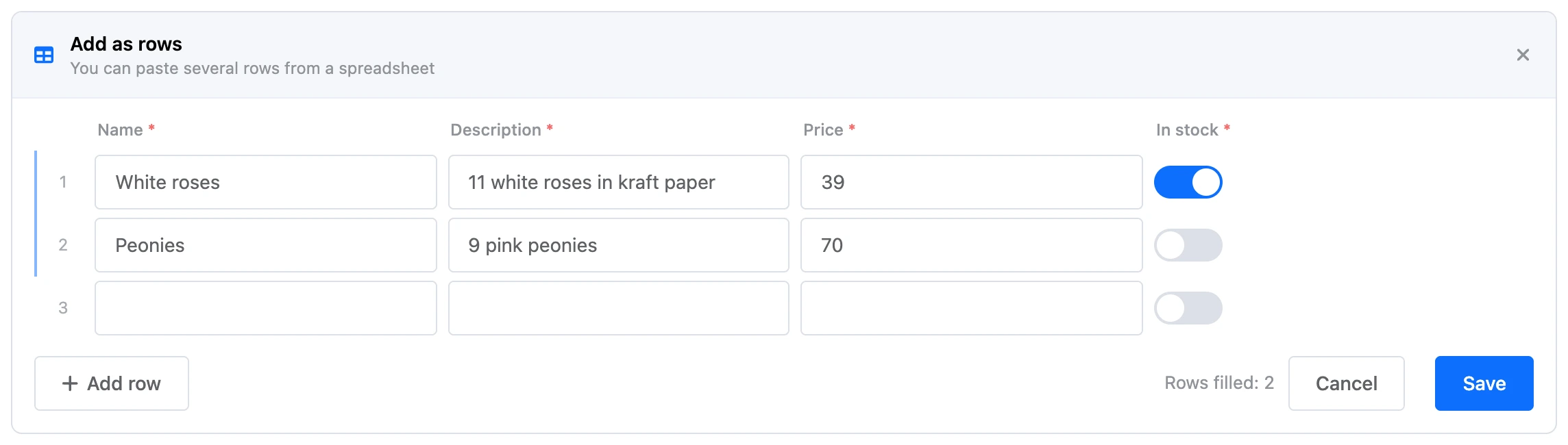 The Add rows panel: two filled rows and an empty one