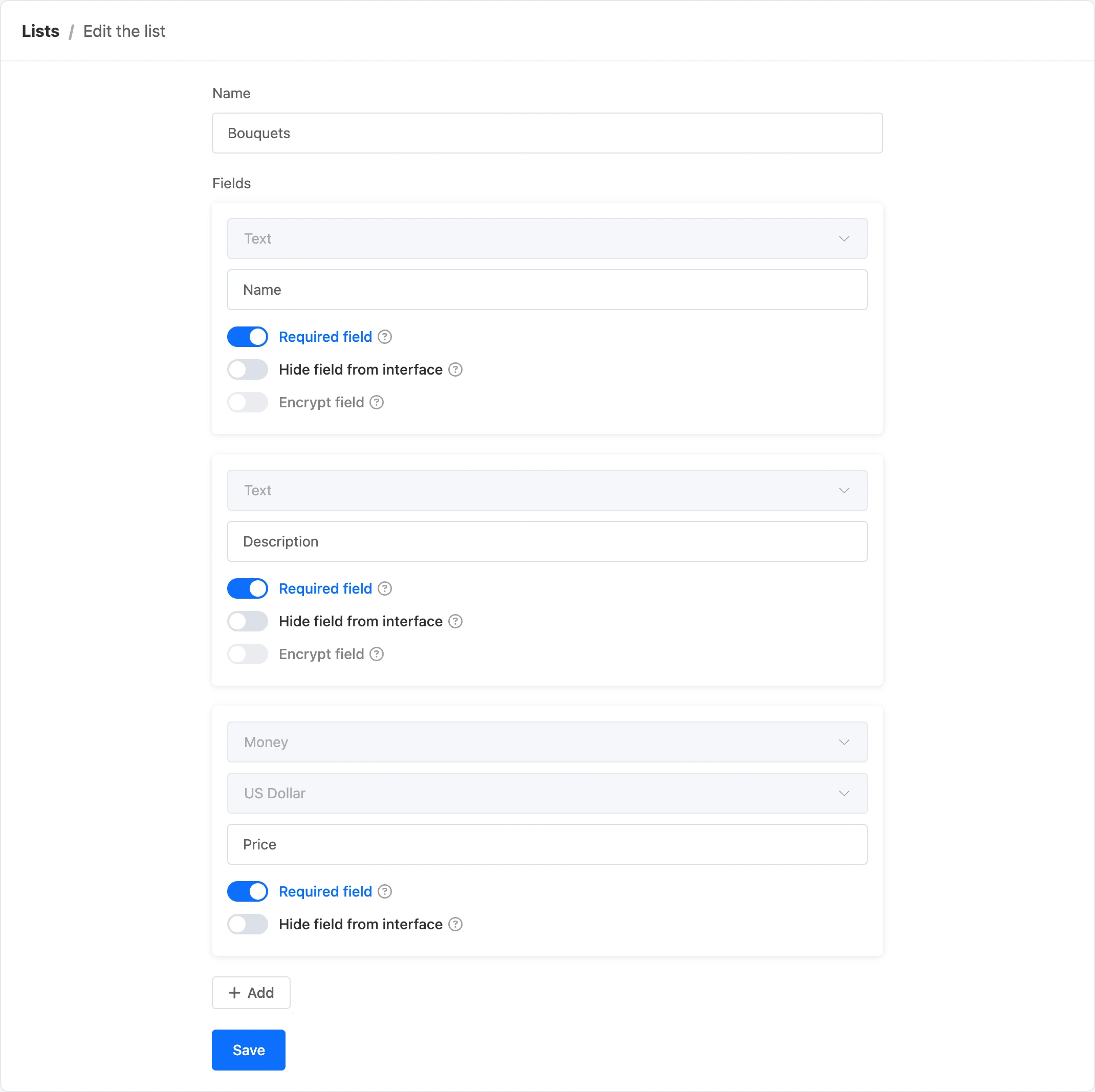List form: name and fields with their types