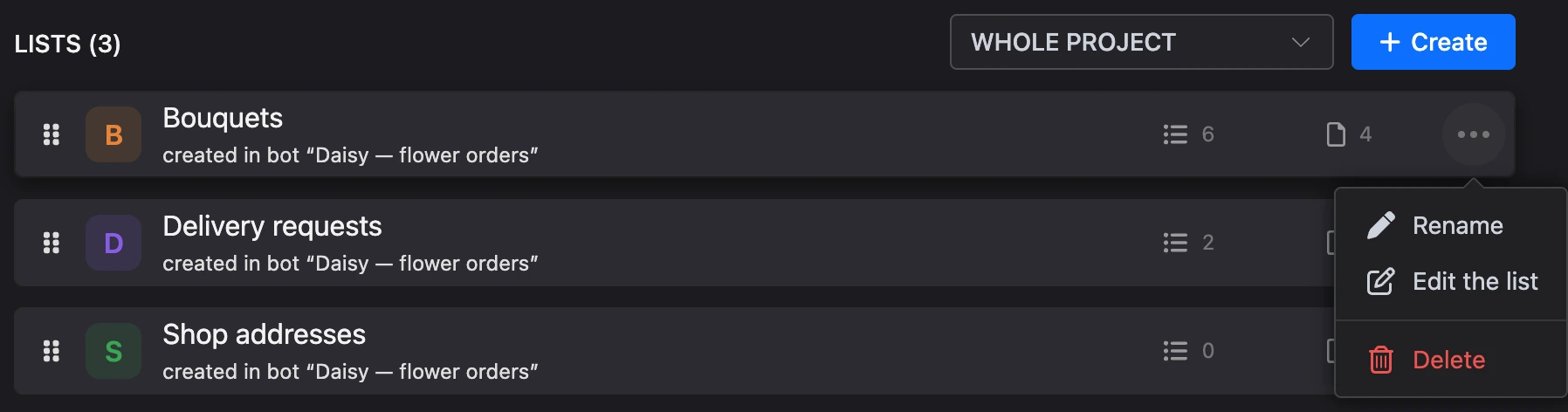 Lists in the project menu: lists with record and field counts, the list's ⋯ menu