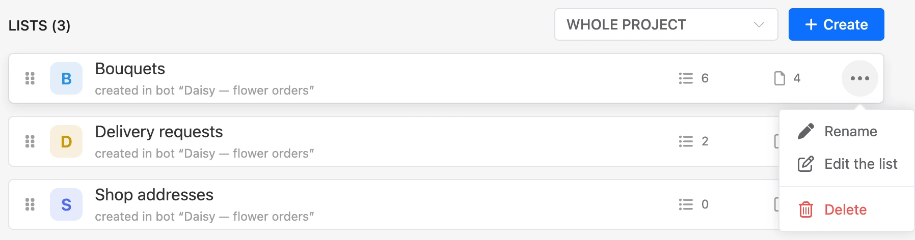 Lists in the project menu: lists with record and field counts, the list's ⋯ menu
