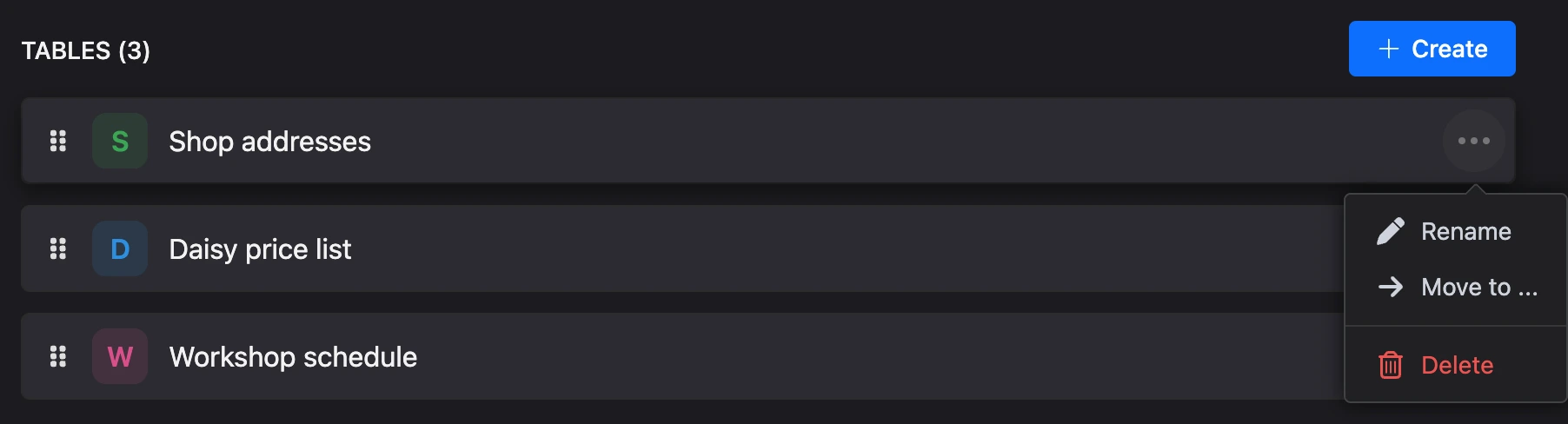 A table’s “⋯” menu in the list