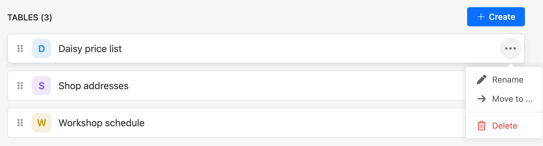 A table’s “⋯” menu in the list